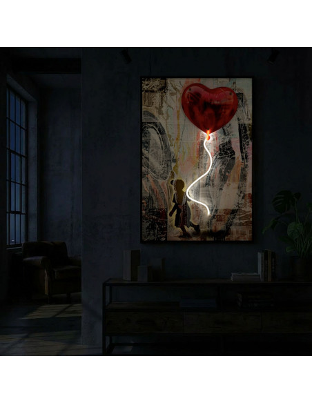 Toile murale lumineuse LED Pop art Enfant Ballon Coeur Cadre noir 60x90 Finition 3D Herat 