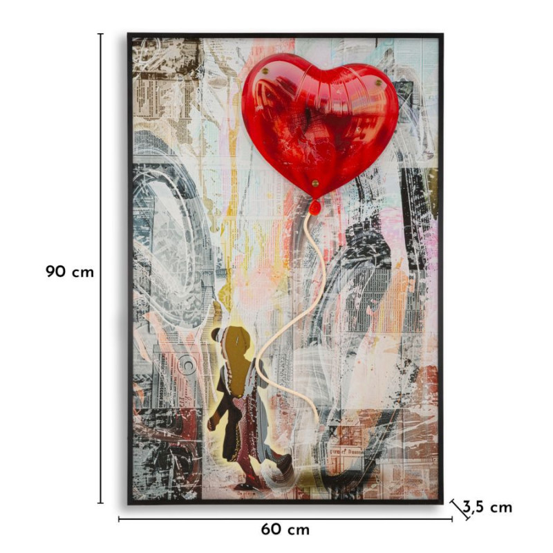 Toile murale lumineuse LED Pop art Enfant Ballon Coeur Cadre noir 60x90 Finition 3D Herat 