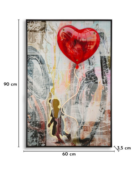 Toile murale lumineuse LED Pop art Enfant Ballon Coeur Cadre noir 60x90 Finition 3D Herat 