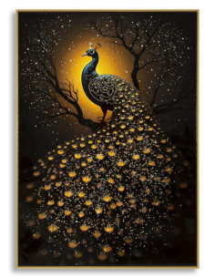 Grande Toile murale Paon avec strass Cadre doré 70x100 Finition laquée Peacock 