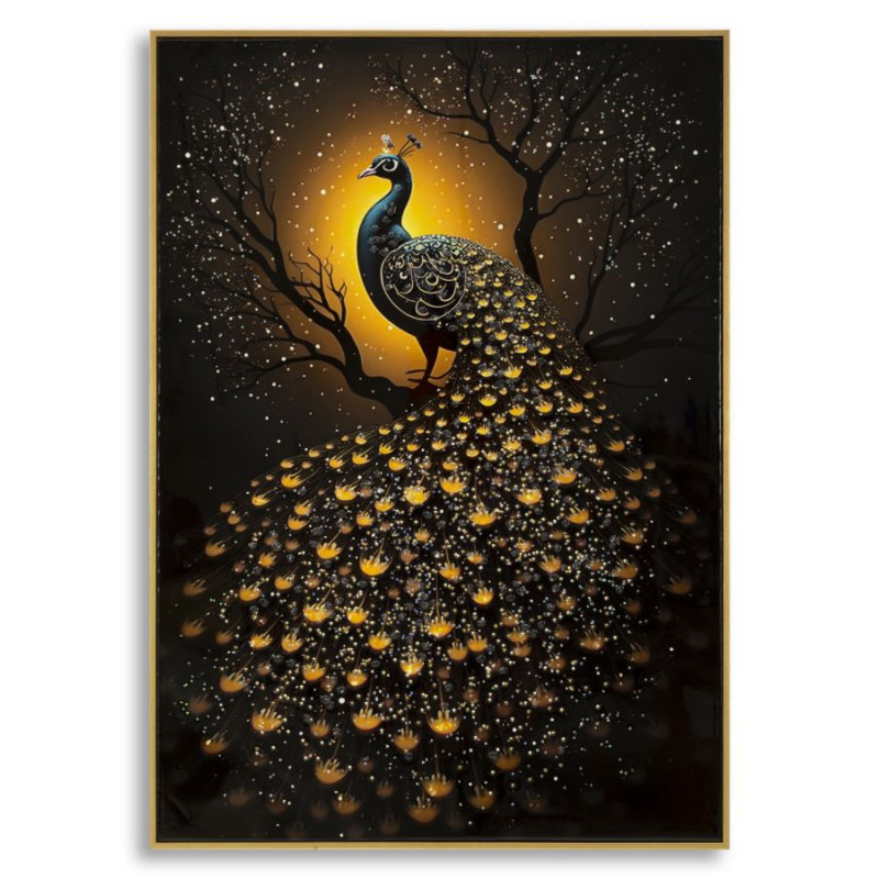 Grande Toile murale Paon avec strass Cadre doré 70x100 Finition laquée Peacock 