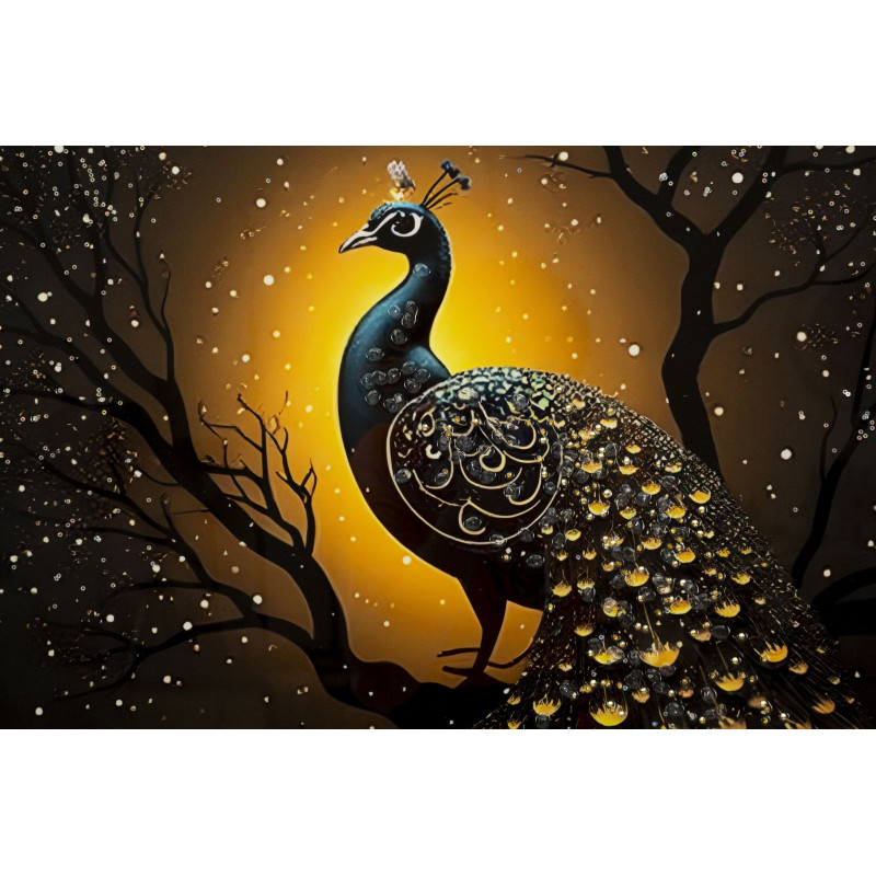 Grande Toile murale Paon avec strass Cadre doré 70x100 Finition laquée Peacock 