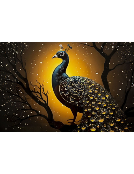 Grande Toile murale Paon avec strass Cadre doré 70x100 Finition laquée Peacock 