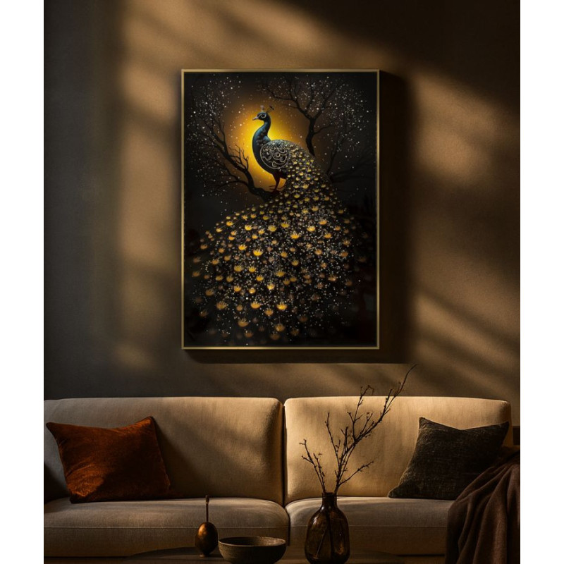 Grande Toile murale Paon avec strass Cadre doré 70x100 Finition laquée Peacock 