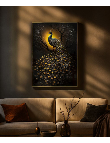Grande Toile murale Paon avec strass Cadre doré 70x100 Finition laquée Peacock 