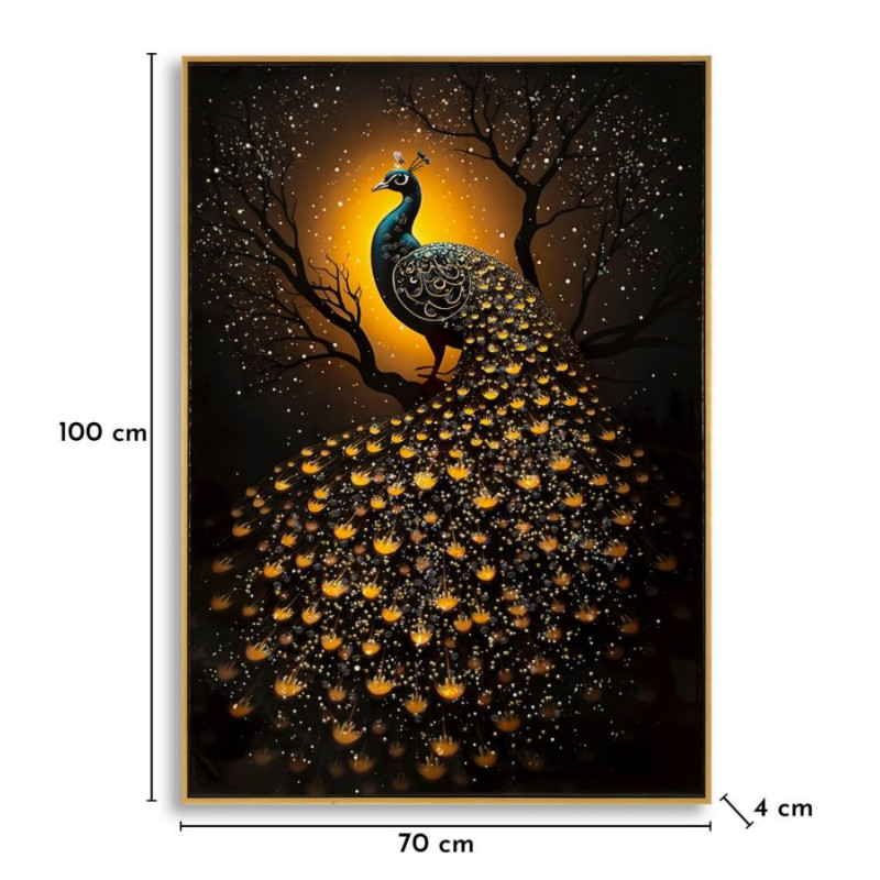 Grande Toile murale Paon avec strass Cadre doré 70x100 Finition laquée Peacock 