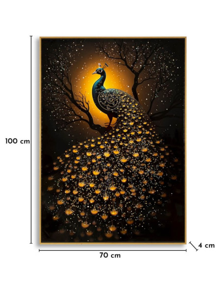 Grande Toile murale Paon avec strass Cadre doré 70x100 Finition laquée Peacock 