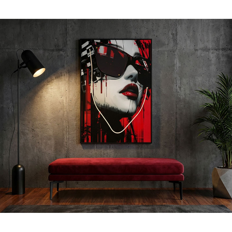 Toile murale lumineuse LED Pop art Femme Cadre noir 60x90 Finition 3D Psyco A 