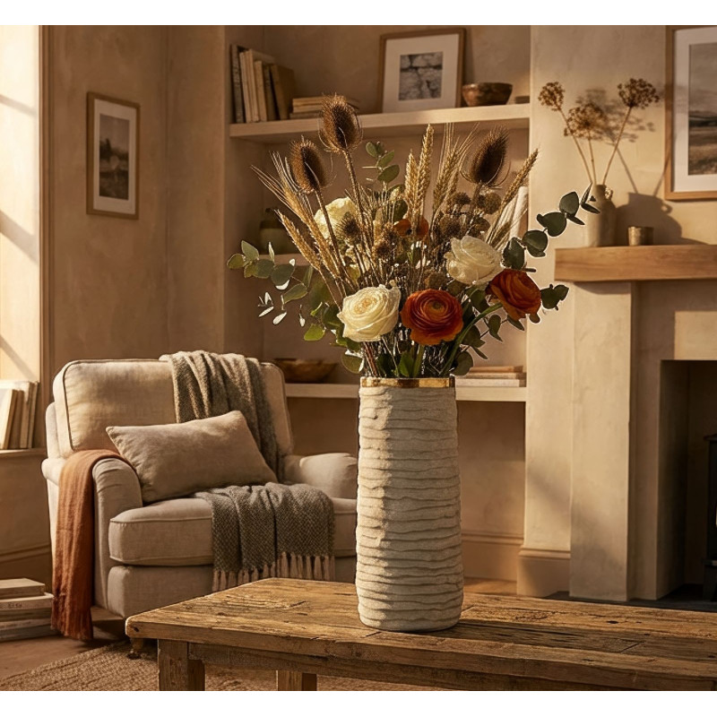 Grand Vase style wabi-sabi organique Cylindrique H 40 cm Céramique Gris Doré Lima 