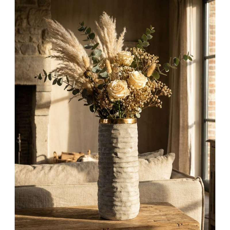 Vase style wabi-sabi organique Cylindrique H 31 cm Céramique Gris Doré Lima 