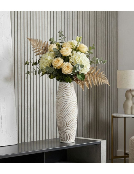 Grand Vase style ethnique contemporain Fuselé H 50 cm Résine Blanc Patiné Oblix 