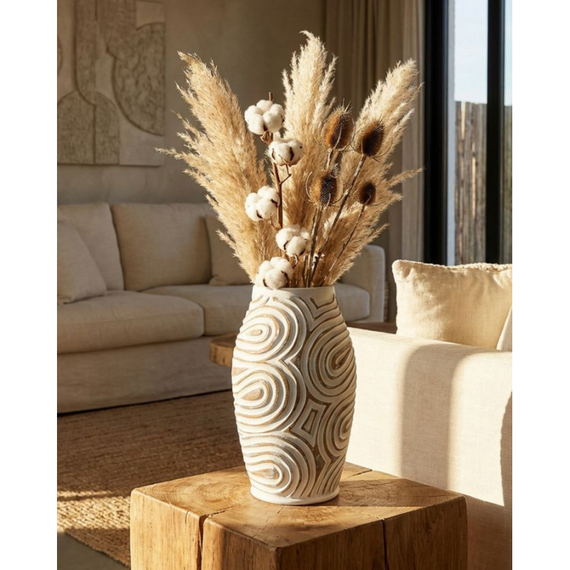 Vase style ethnique contemporain Balustre H 35 cm Résine Blanc Patiné Oblix 
