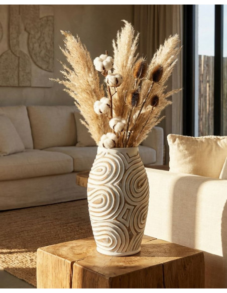 Vase style ethnique contemporain Balustre H 35 cm Résine Blanc Patiné Oblix 