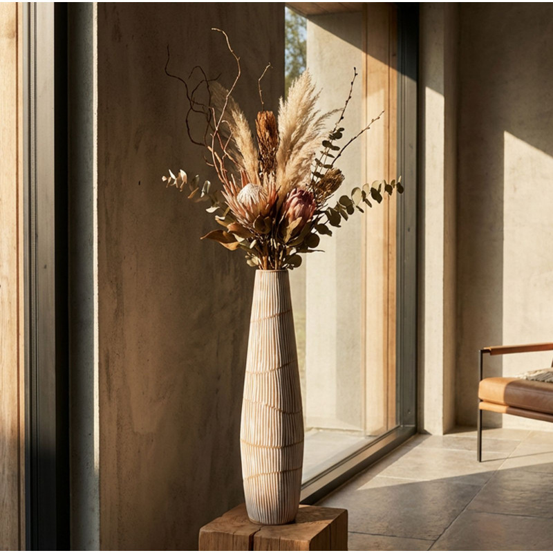 Grand Vase XXL Style ethnique Élancé H 68 cm Résine Blanc Patiné Hanoi 