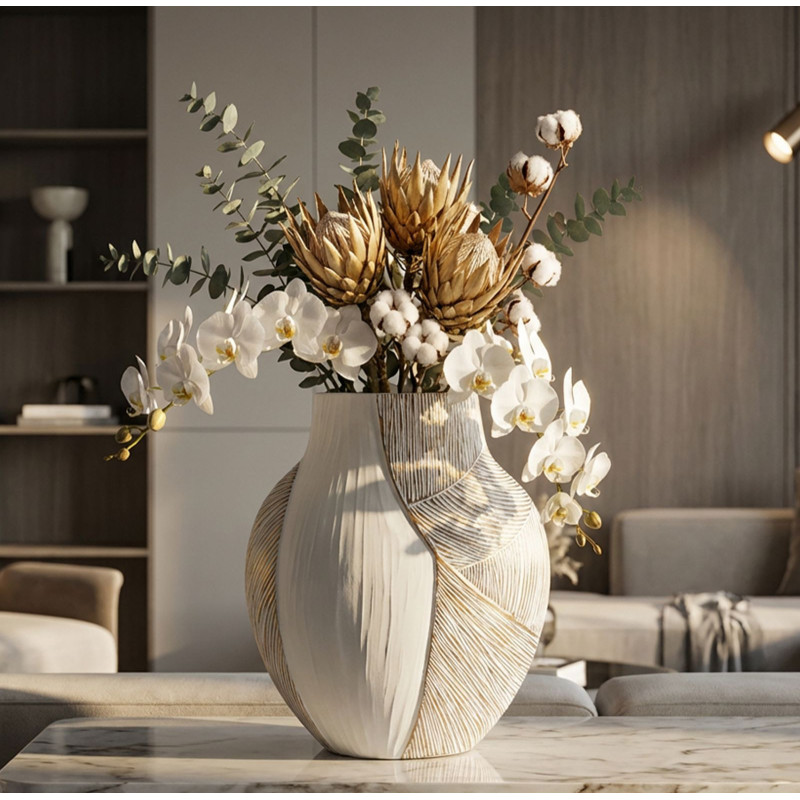 Grand Vase moderne chic Ventru H 37 cm Résine Blanc Patiné Ho Chi Minh 