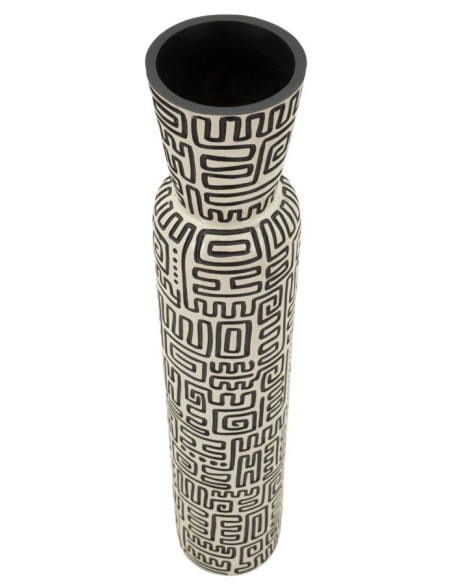 Grand Vase XXL Style ethnique graphique Bouteille H 86 cm Résine Blanc Noir Nairobi 