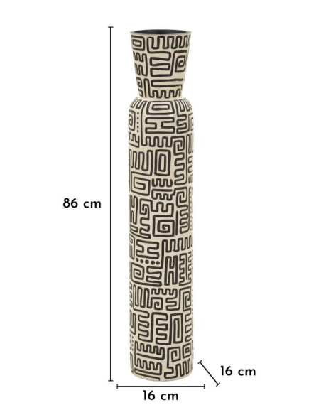 Grand Vase XXL Style ethnique graphique Bouteille H 86 cm Résine Blanc Noir Nairobi 