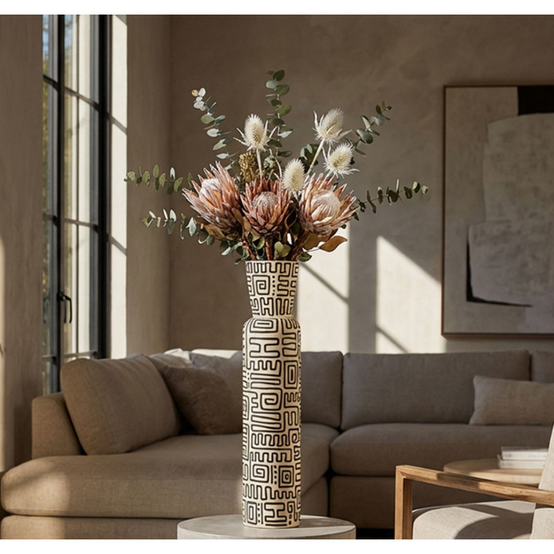 Grand Vase XXL Style ethnique graphique Bouteille H 65 cm Résine Blanc Noir Nairobi 