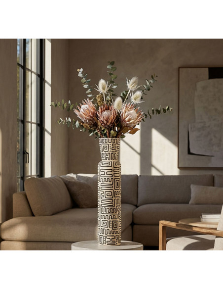 Grand Vase XXL Style ethnique graphique Bouteille H 65 cm Résine Blanc Noir Nairobi 