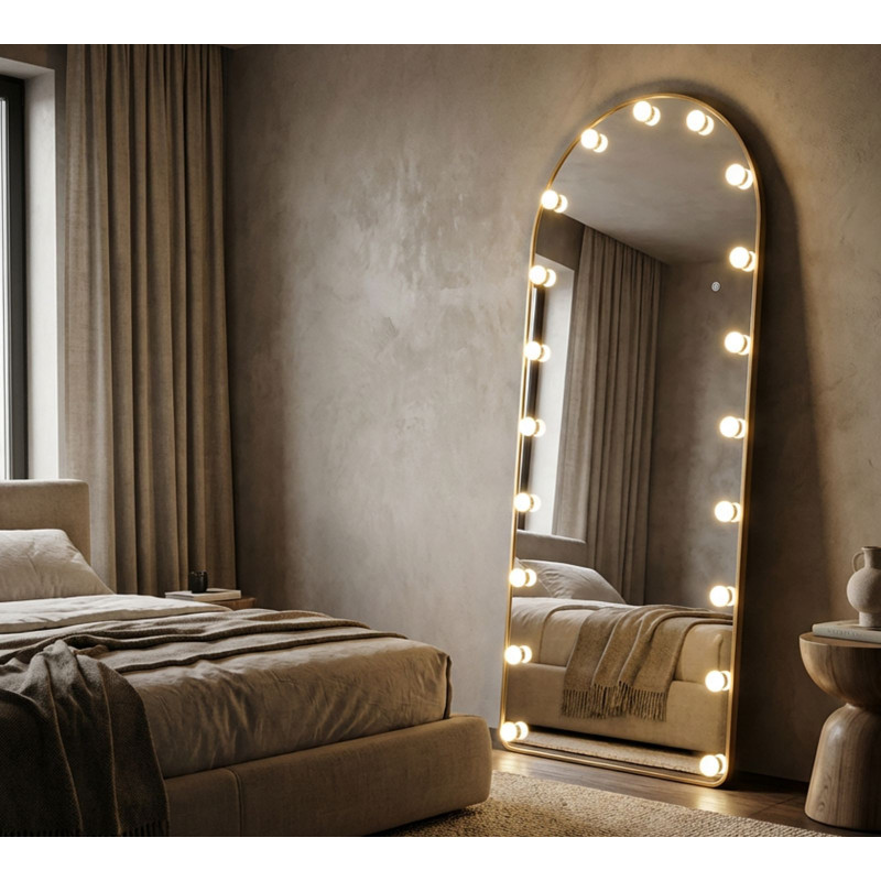 Grand Miroir sur pied lumineux LED Arche Arrondi 70x170 Métal Doré Hollywood 