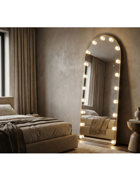 Grand Miroir sur pied lumineux LED Arche Arrondi 70x170 Métal Doré Hollywood 