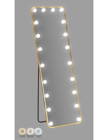 Grand Miroir sur pied lumineux LED Rectangulaire 50x160 Métal Doré Hollywood 