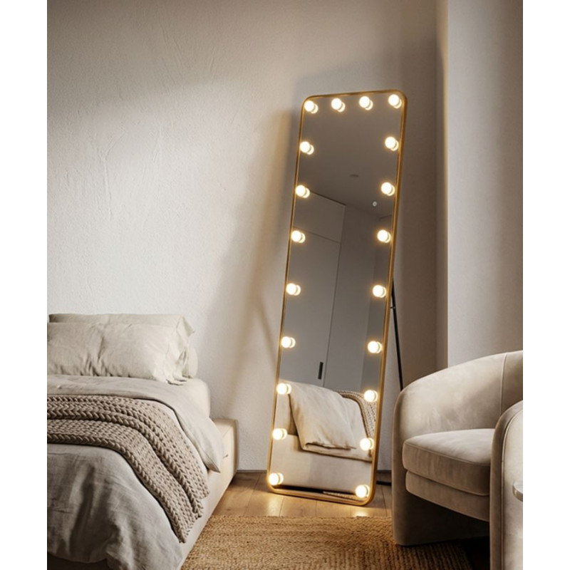 Grand Miroir sur pied lumineux LED Rectangulaire 50x160 Métal Doré Hollywood 