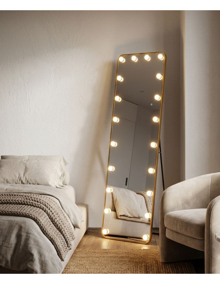 Grand Miroir sur pied lumineux LED Rectangulaire 50x160 Métal Doré Hollywood 