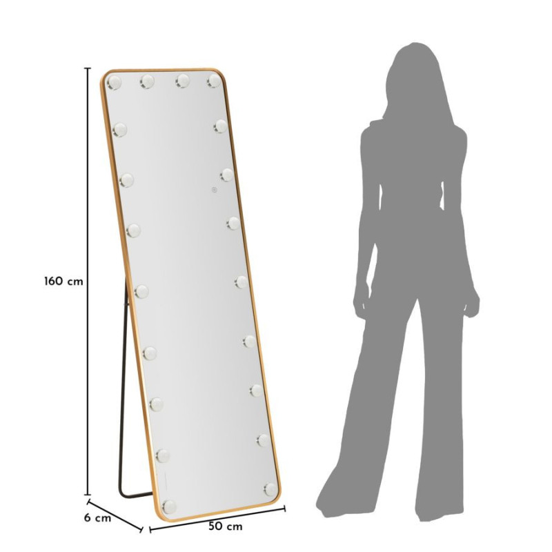Grand Miroir sur pied lumineux LED Rectangulaire 50x160 Métal Doré Hollywood 