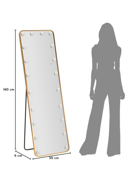 Grand Miroir sur pied lumineux LED Rectangulaire 50x160 Métal Doré Hollywood 