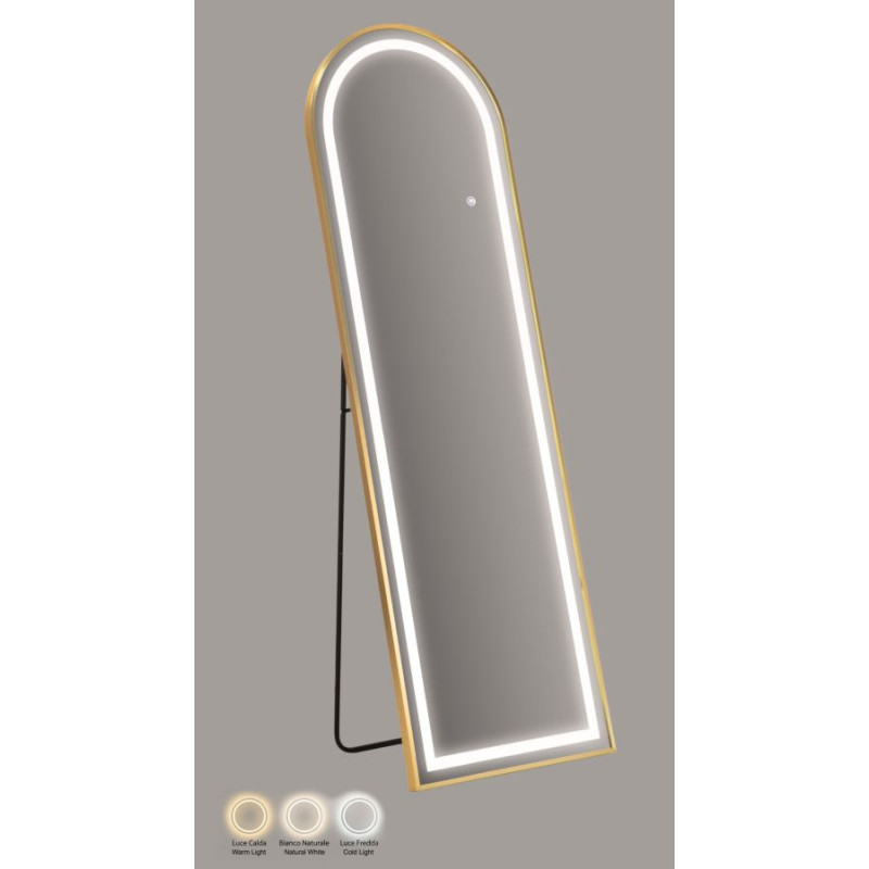 Grand Miroir sur pied lumineux LED Arche Arrondi 50x160 Métal Doré Simple 
