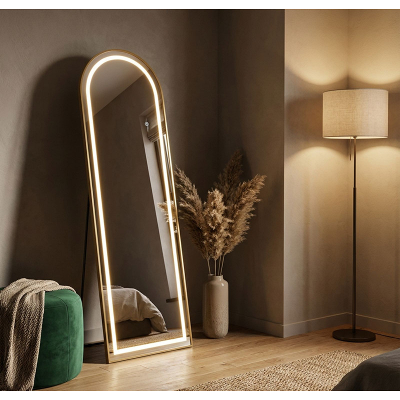 Grand Miroir sur pied lumineux LED Arche Arrondi 50x160 Métal Doré Simple 