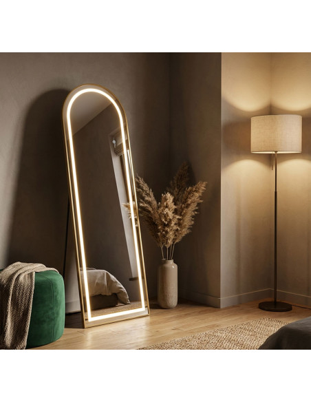 Grand Miroir sur pied lumineux LED Arche Arrondi 50x160 Métal Doré Simple 