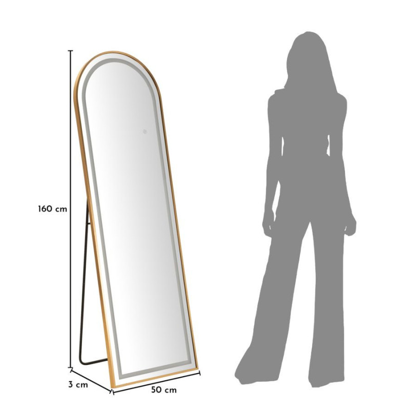 Grand Miroir sur pied lumineux LED Arche Arrondi 50x160 Métal Doré Simple 