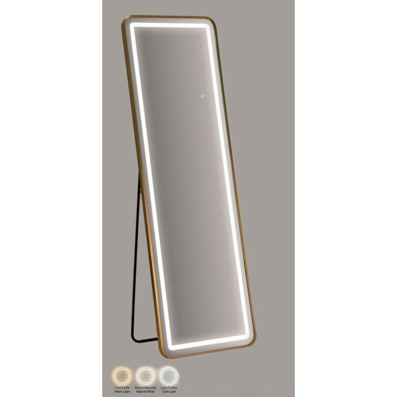 Grand Miroir sur pied lumineux LED Rectangulaire 50x160 Métal Doré Simple 