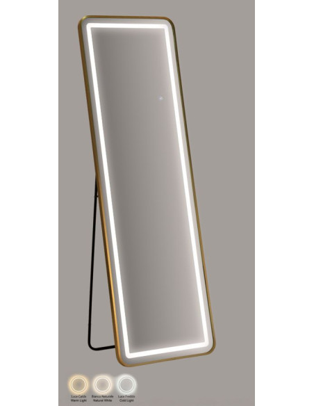 Grand Miroir sur pied lumineux LED Rectangulaire 50x160 Métal Doré Simple 
