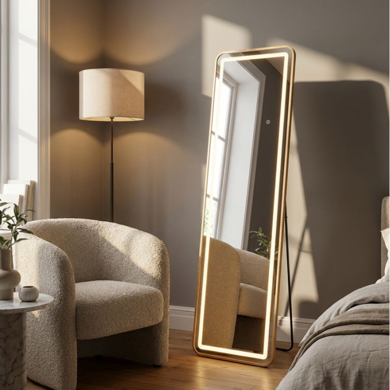 Grand Miroir sur pied lumineux LED Rectangulaire 50x160 Métal Doré Simple 