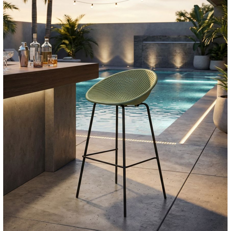 Lot de 2 Tabourets de bar design Plastique Vert Métal Noir Ibiza 