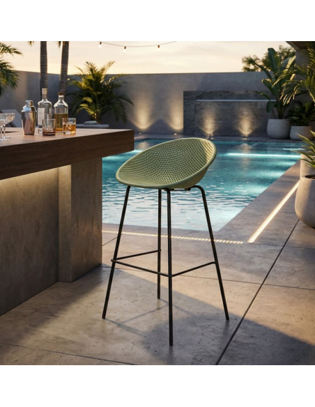 Lot de 2 Tabourets de bar design Plastique Vert Métal Noir Ibiza 