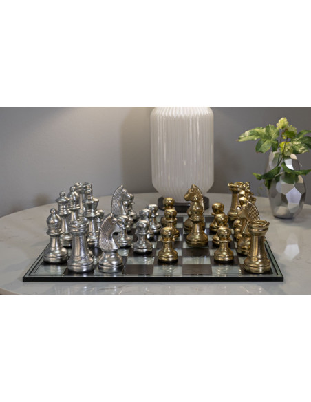 Grand Jeu d'échecs design chic 50 cm Verre Résine Doré Argenté Scacchierra Mauro Ferretti - 9