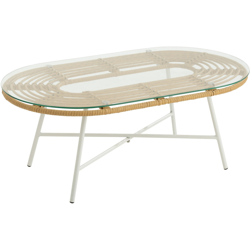 Table basse extérieur verre métal blanc rotin synthétique naturel - 1