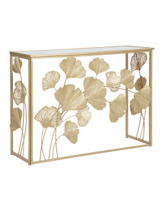 Console moderne chic Feuilles Ginkgo Rectangulaire 108 cm Verre Transparent Métal Doré Leaf Mauro Ferretti - 1
