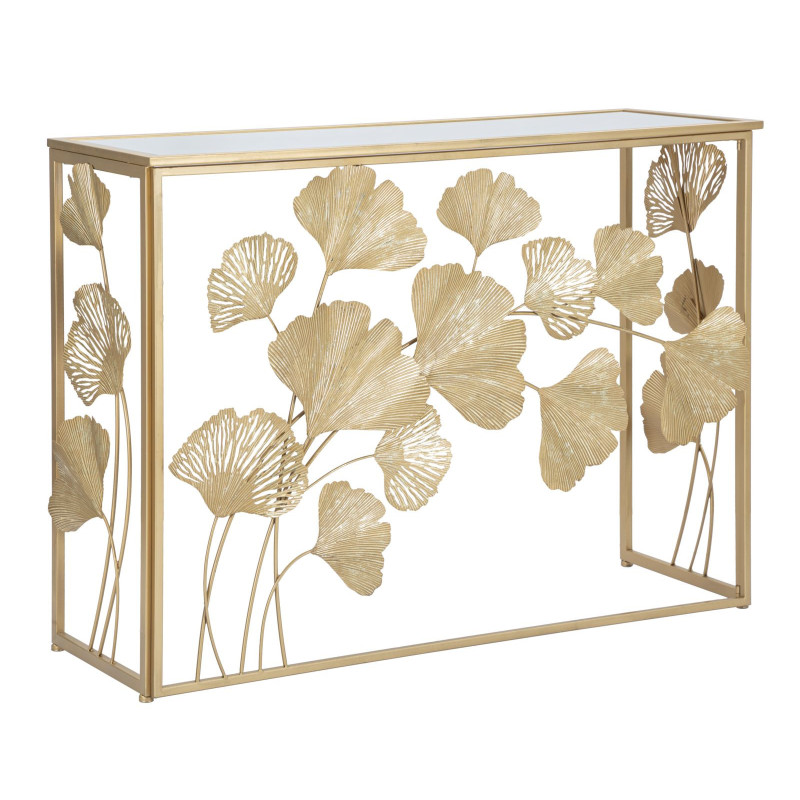 Console moderne chic Feuilles Ginkgo Rectangulaire 108 cm Verre Transparent Métal Doré Leaf Mauro Ferretti - 1