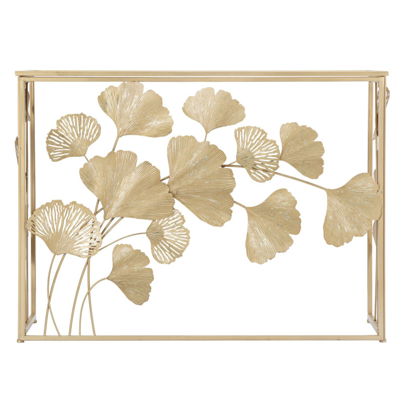 Console moderne chic Feuilles Ginkgo Rectangulaire 108 cm Verre Transparent Métal Doré Leaf Mauro Ferretti - 2