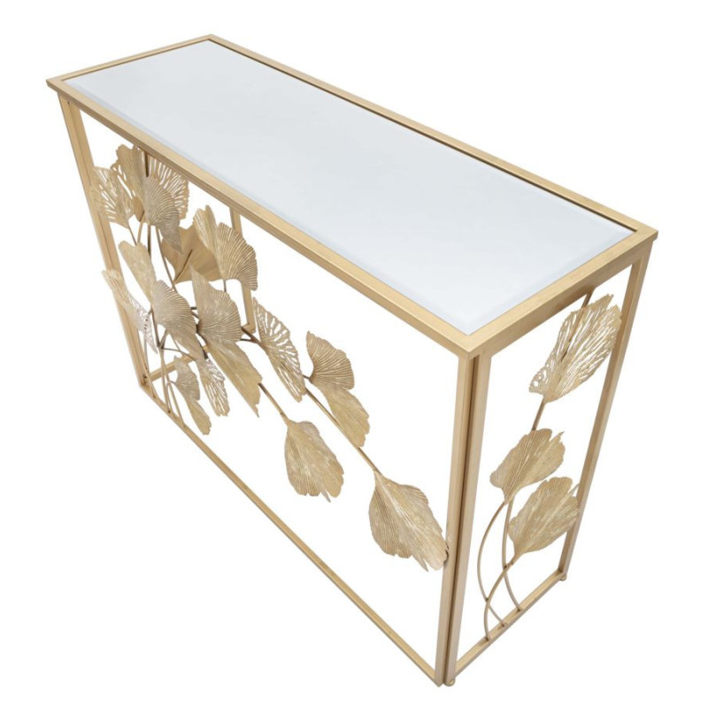 Console moderne chic Feuilles Ginkgo Rectangulaire 108 cm Verre Transparent Métal Doré Leaf Mauro Ferretti - 4