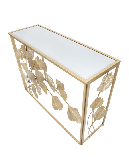 Console moderne chic Feuilles Ginkgo Rectangulaire 108 cm Verre Transparent Métal Doré Leaf Mauro Ferretti - 4