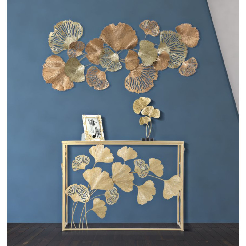 Console moderne chic Feuilles Ginkgo Rectangulaire 108 cm Verre Transparent Métal Doré Leaf Mauro Ferretti - 8