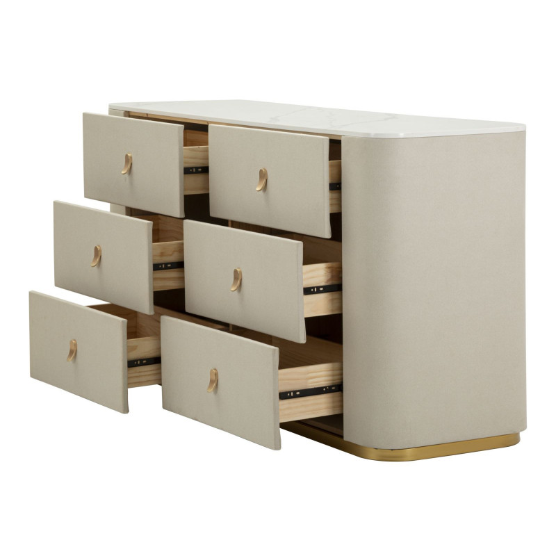 Grande Commode de chambre moderne chic 6 tiroirs 140 cm Bois de pin Bois MDF Métal Crème Doré Beauty Mauro Ferretti - 3