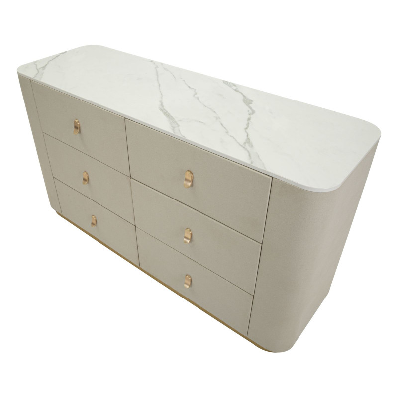 Grande Commode de chambre moderne chic 6 tiroirs 140 cm Bois de pin Bois MDF Métal Crème Doré Beauty Mauro Ferretti - 5