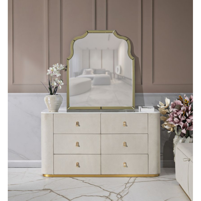 Grande Commode de chambre moderne chic 6 tiroirs 140 cm Bois de pin Bois MDF Métal Crème Doré Beauty Mauro Ferretti - 9